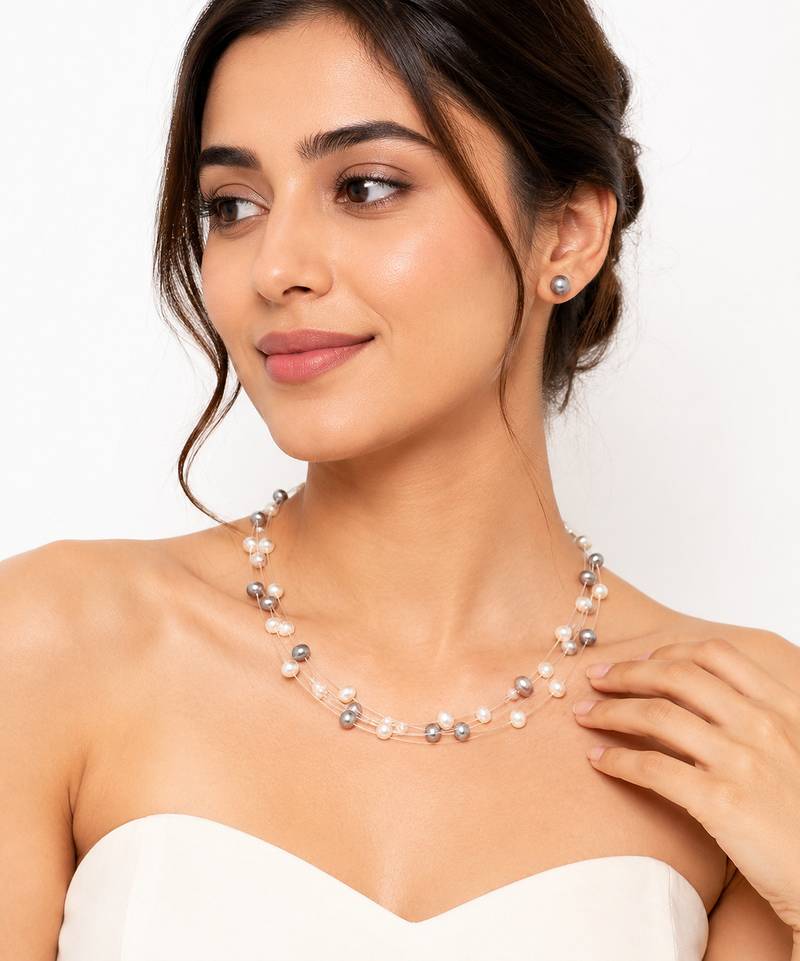 Floating pearl necklace and earrings jewellery set, white and grey, multi-strand, earrings included