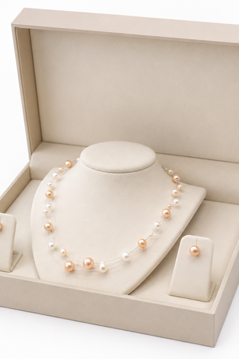 Floating pearl jewellery set, necklace with stud earrings, white and peach earrings included