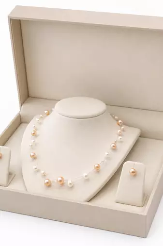 Floating pearl jewellery set, necklace with stud earrings, white and peach earrings included
