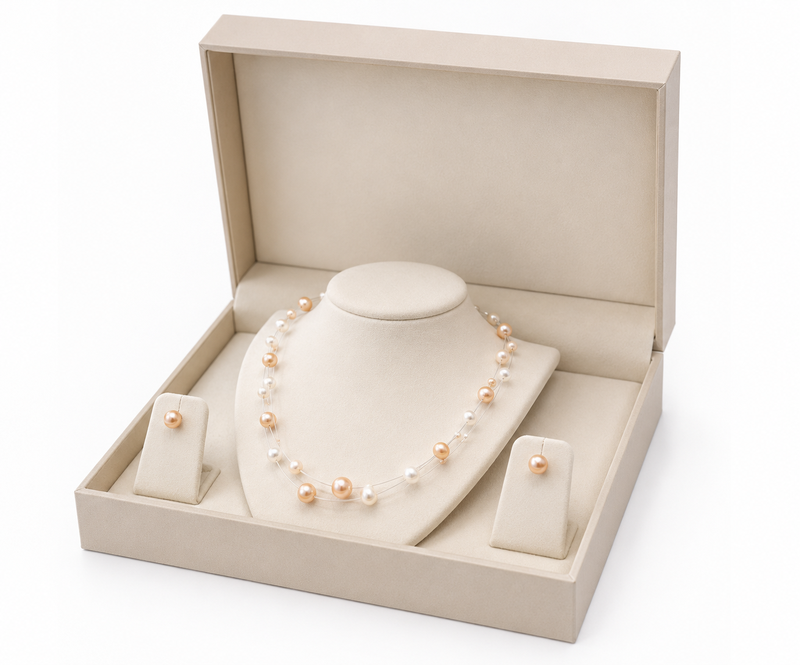 Floating pearl jewellery set, necklace with stud earrings, white and peach earrings included