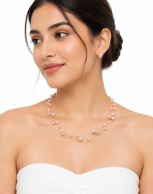 Floating pearl necklace and earring set, pink, multi-strand illusion style, bridal jewellery 1