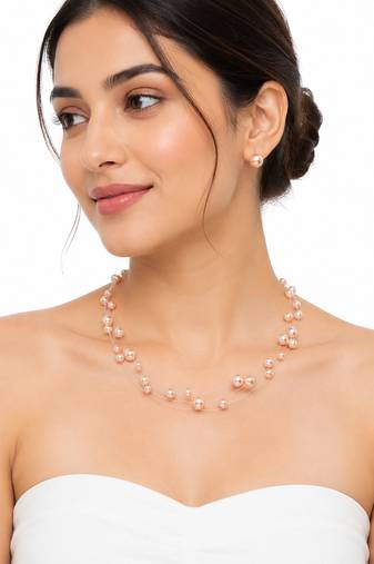 Floating pearl necklace and earring set, pink, multi-strand illusion style, bridal jewellery