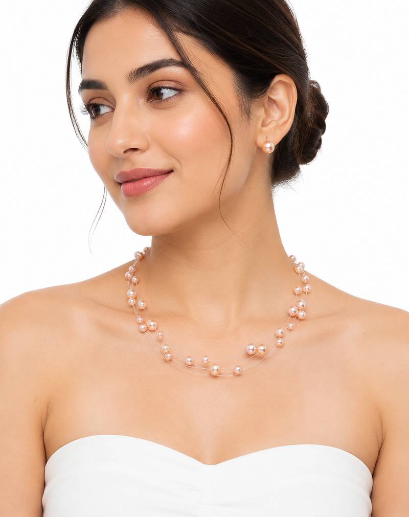 Floating pearl necklace and earring set, pink, multi-strand illusion style, bridal jewellery