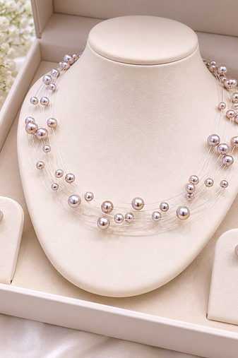 Floating freshwater pearl necklace and earring set, pink, multi-strand, earrings included