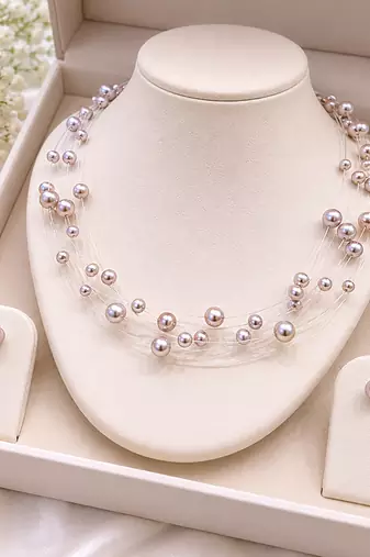 Floating freshwater pearl necklace and earring set, pink, multi-strand, earrings included