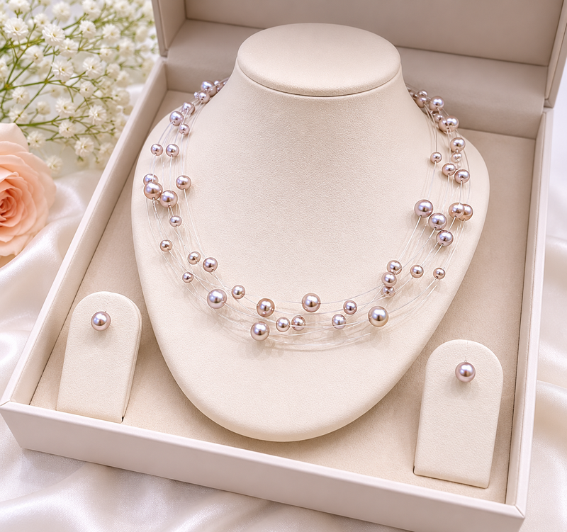 Floating freshwater pearl necklace and earring set, pink, multi-strand, earrings included