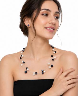 Floating pearl necklace set with earrings, black and white, multi-strand, women's jewellery 1