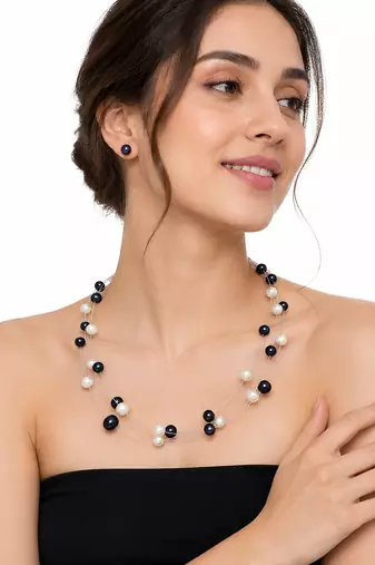 Floating pearl necklace set with earrings, black and white, multi-strand, women's jewellery