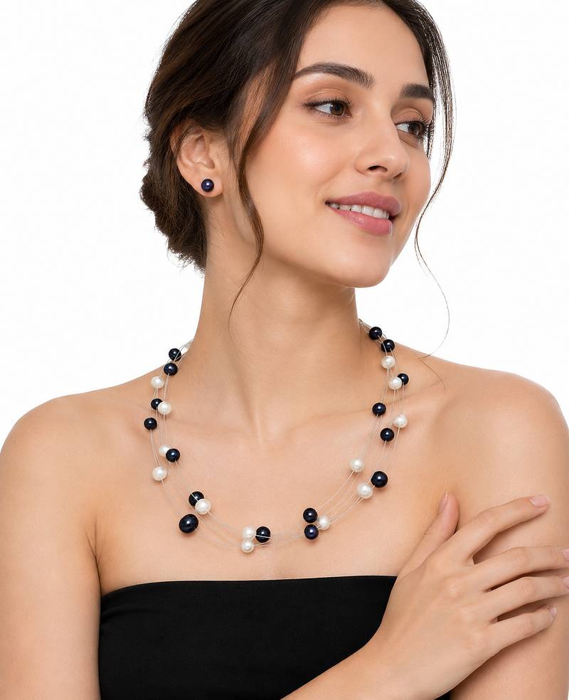 Floating pearl necklace set with earrings, black and white, multi-strand, women's jewellery