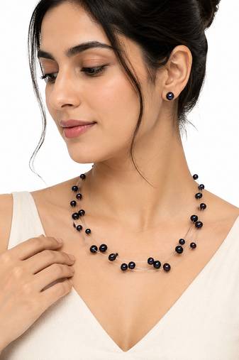 Black freshwater pearl floating necklace and stud earrings jewellery set, multi-strand, silver wire