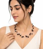 Black freshwater pearl floating necklace and stud earrings jewellery set, multi-strand, silver wire