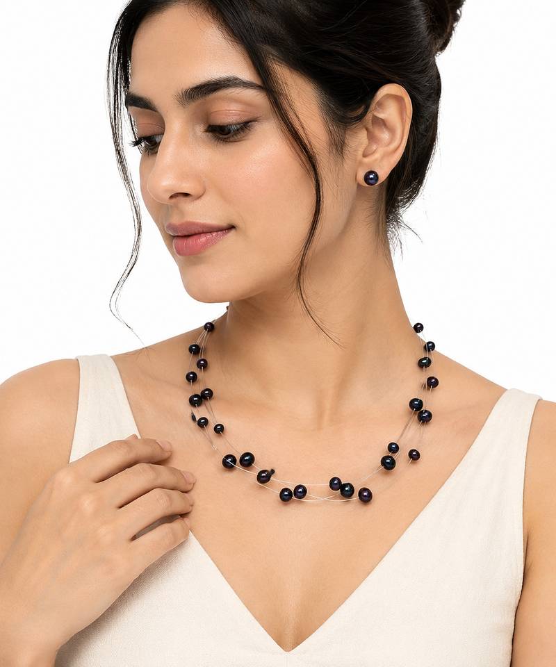 Black freshwater pearl floating necklace and stud earrings jewellery set, multi-strand, silver wire