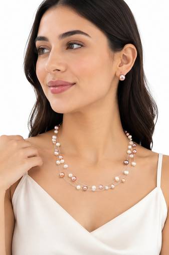 Floating freshwater pearl necklace and earrings set, multi-colour, double strand, earrings included