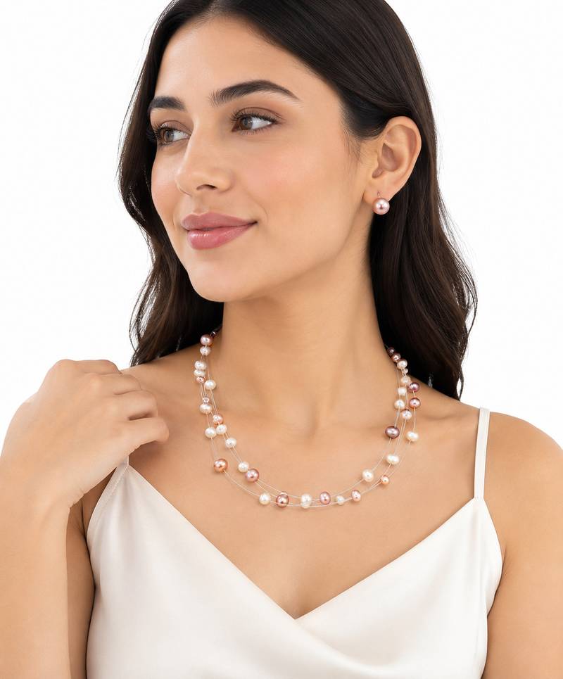 Floating freshwater pearl necklace and earrings set, multi-colour, double strand, earrings included