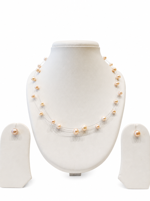 Floating pearl necklace and earring set, peach pink, multi-strand illusion style, freshwater pearl jewellery 1