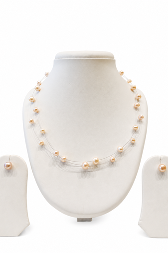 Floating pearl necklace and earring set, peach pink, multi-strand illusion style, freshwater pearl jewellery