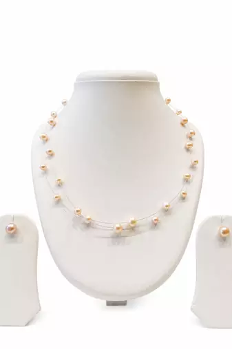 Floating pearl necklace and earring set, peach pink, multi-strand illusion style, freshwater pearl jewellery
