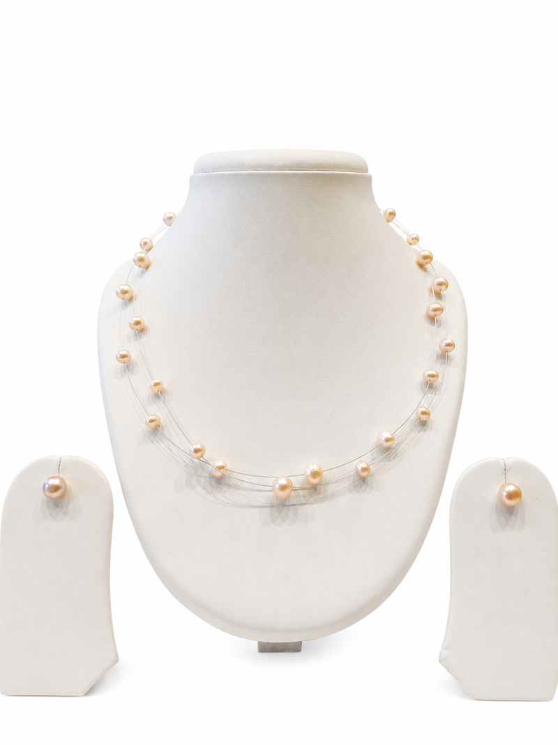 Floating pearl necklace and earring set, peach pink, multi-strand illusion style, freshwater pearl jewellery