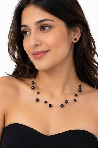 Black freshwater pearl floating necklace and stud earrings jewellery set, double strand, earrings included