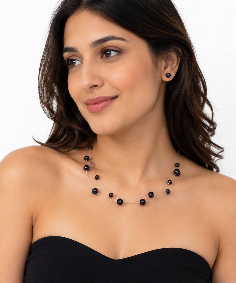 Black freshwater pearl floating necklace and stud earrings jewellery set, double strand, earrings included