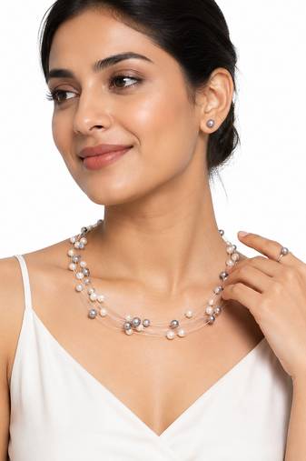 Floating pearl necklace set with earrings, multi-strand, white and grey, illusion style