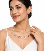 Floating pearl necklace set with earrings, multi-strand, white and grey, illusion style