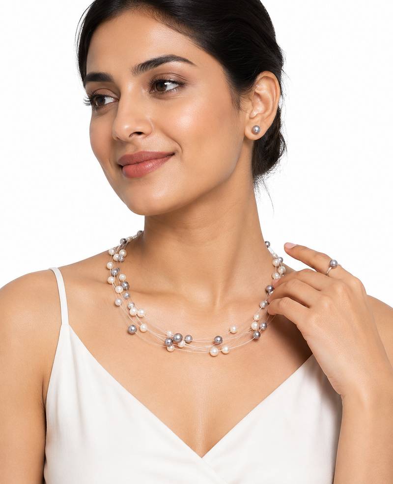 Floating pearl necklace set with earrings, multi-strand, white and grey, illusion style