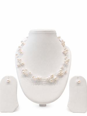 Floating freshwater pearl necklace set, white, multi-strand with earrings, elegant bridal jewellery 1