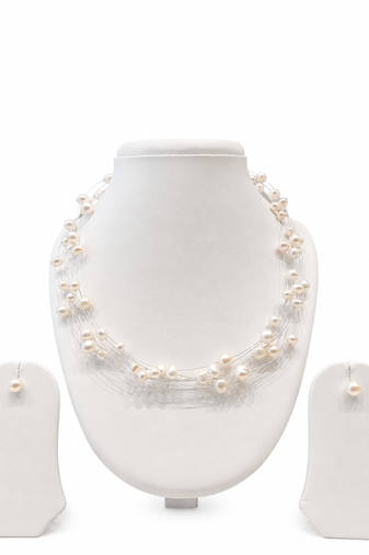 Floating freshwater pearl necklace set, white, multi-strand with earrings, elegant bridal jewellery