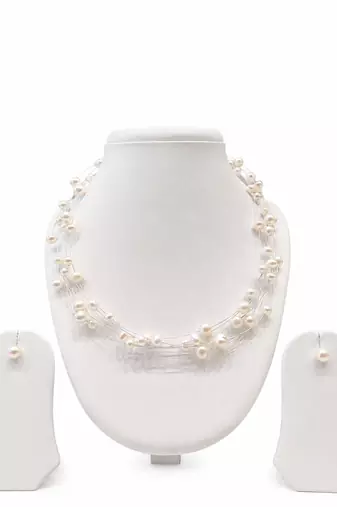 Floating freshwater pearl necklace set, white, multi-strand with earrings, elegant bridal jewellery