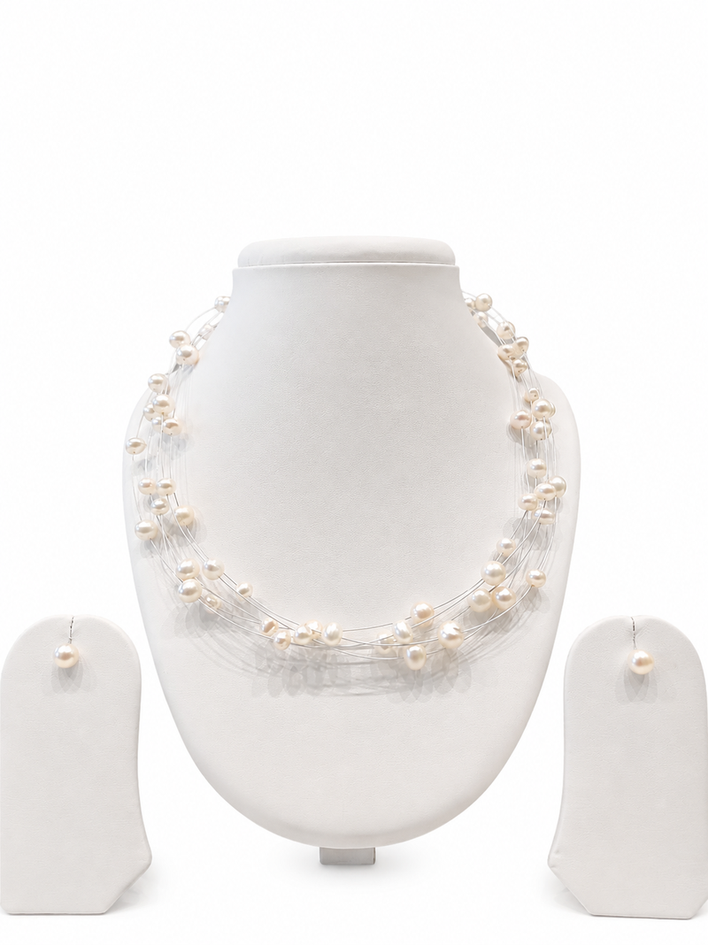Floating freshwater pearl necklace set, white, multi-strand with earrings, elegant bridal jewellery