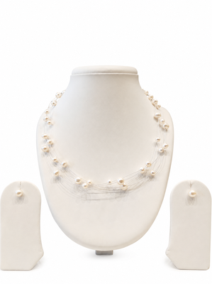 Floating pearl necklace and earring set, white, multi-strand, illusion style, with earrings set 2