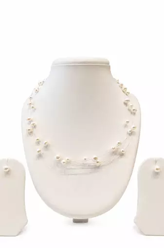 Floating pearl necklace and earring set, white, multi-strand, illusion style, with earrings set