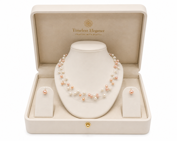 Floating freshwater pearl necklace and earring set, multi-strand, white and peach, with silver clasp 2