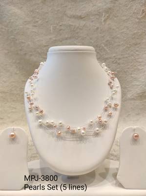 Floating freshwater pearl necklace and earring set, multi-strand, white and peach, with silver clasp 3