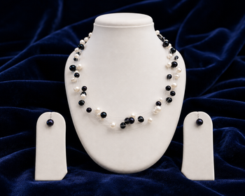 Floating pearl necklace and earring set, white and black, multi-strand, earrings included 1
