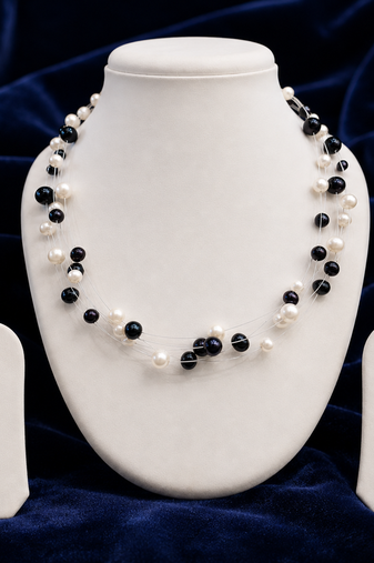 Floating pearl necklace and earring set, white and black, multi-strand, earrings included