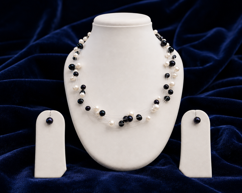 Floating pearl necklace and earring set, white and black, multi-strand, earrings included