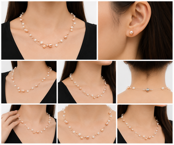 Floating pearl necklace and earring set, pink and white, multi-strand, illusion style, bridal jewellery 2