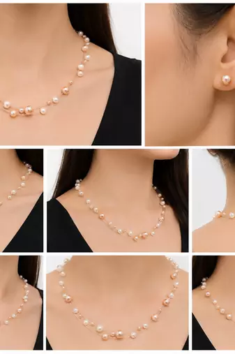 Floating pearl necklace and earring set, pink and white, multi-strand, illusion style, bridal jewellery