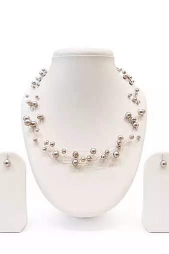 Floating pearl necklace and earring set, grey, multi-strand, illusion style, with lobster clasp