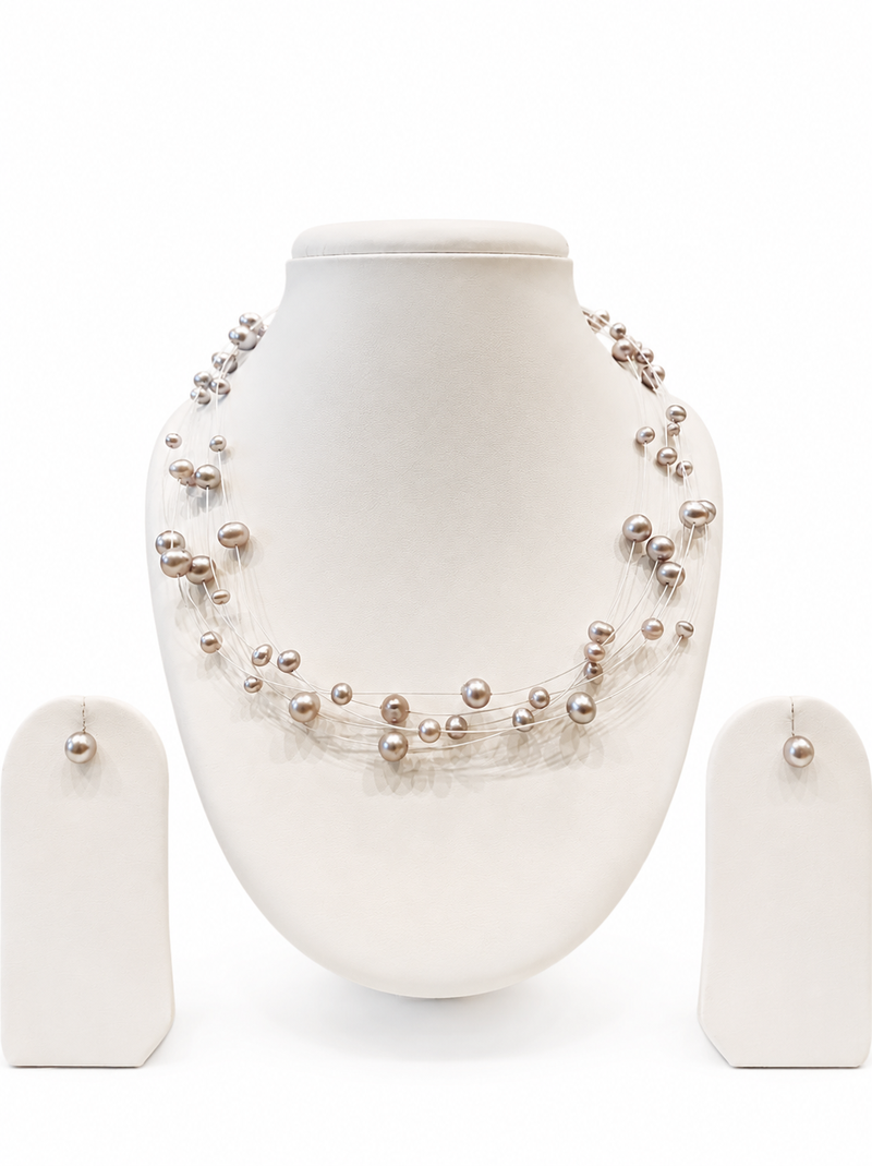 Floating pearl necklace and earring set, grey, multi-strand, illusion style, with lobster clasp