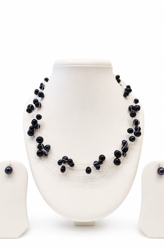 Black pearl necklace set, 5-line multi-strand with earrings, floating style