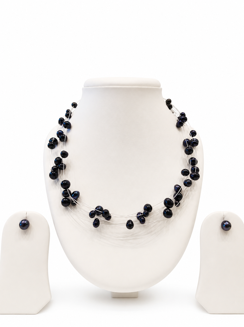 Black pearl necklace set, 5-line multi-strand with earrings, floating style