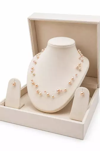 Floating pearl necklace and earring set, pink, multi-strand illusion style, bridal jewellery