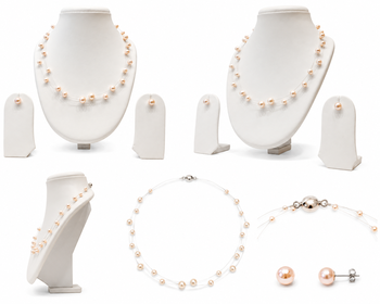 Floating pearl necklace and earrings jewellery set, pink, double strand, with earrings set 2