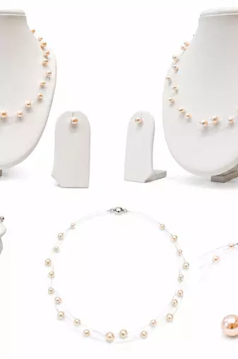 Floating pearl necklace and earrings jewellery set, pink, double strand, with earrings set