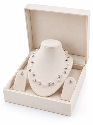 Floating pearl necklace and earrings jewellery set, white and grey, multi-strand, earrings included 2