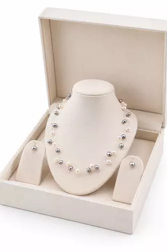 Floating pearl necklace and earrings jewellery set, white and grey, multi-strand, earrings included