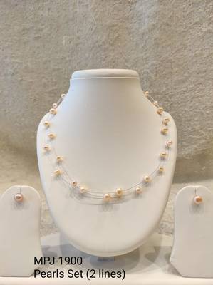 Floating pearl necklace and earrings jewellery set, pink, double strand, with earrings set 3